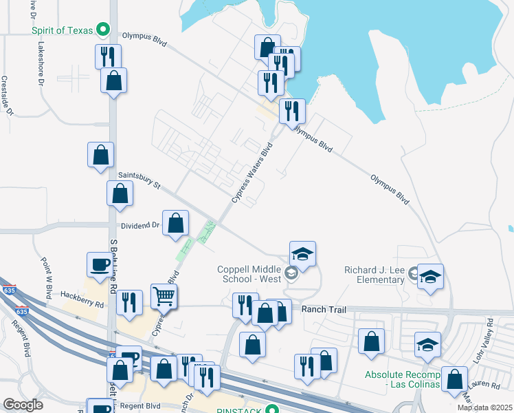 map of restaurants, bars, coffee shops, grocery stores, and more near 3015 Chapel Oaks Drive in Coppell
