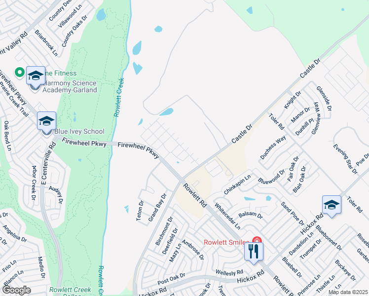 map of restaurants, bars, coffee shops, grocery stores, and more near 2900 Castle Drive in Rowlett