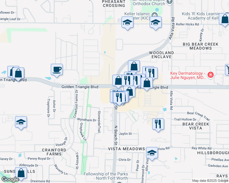 map of restaurants, bars, coffee shops, grocery stores, and more near 7007 North Beach Street in Fort Worth