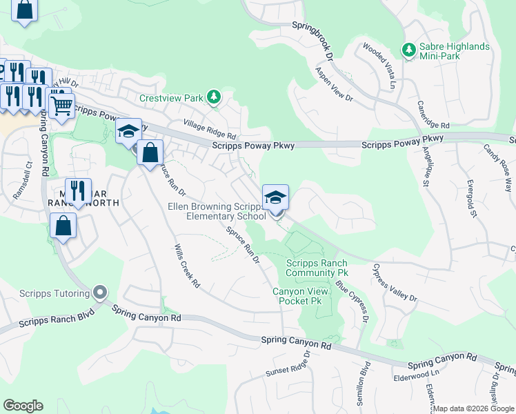 map of restaurants, bars, coffee shops, grocery stores, and more near 11838 Cypress Canyon Road in San Diego