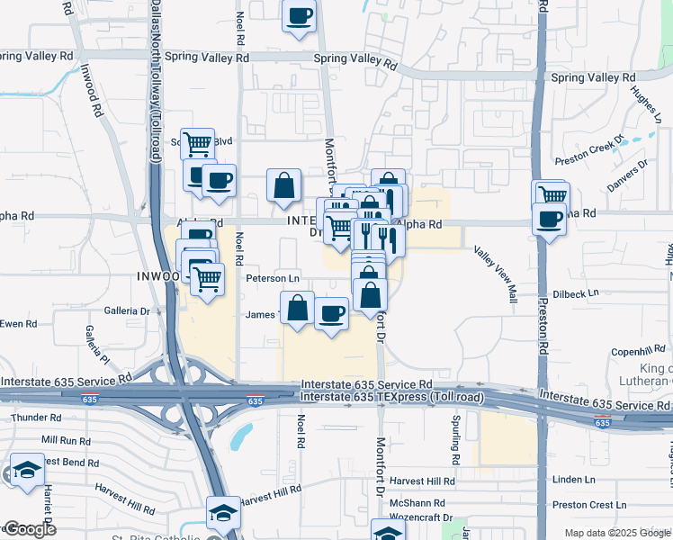 map of restaurants, bars, coffee shops, grocery stores, and more near 5507 Peterson Lane in Dallas
