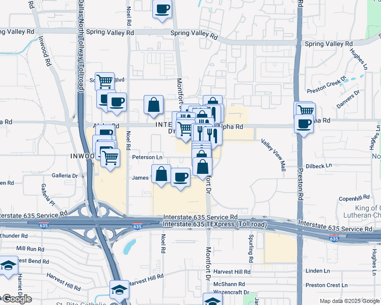 map of restaurants, bars, coffee shops, grocery stores, and more near 5507 Peterson Lane in Dallas