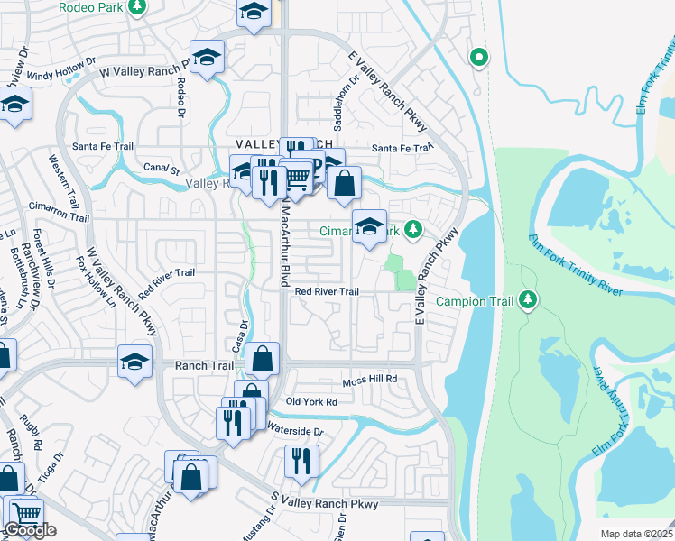 map of restaurants, bars, coffee shops, grocery stores, and more near 301 Pecos Trail in Irving