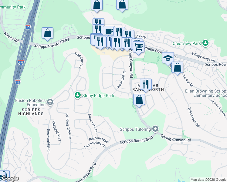 map of restaurants, bars, coffee shops, grocery stores, and more near 11686 Ramsdell Court in San Diego
