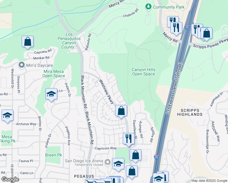 map of restaurants, bars, coffee shops, grocery stores, and more near 9489 Questa Pointe in San Diego