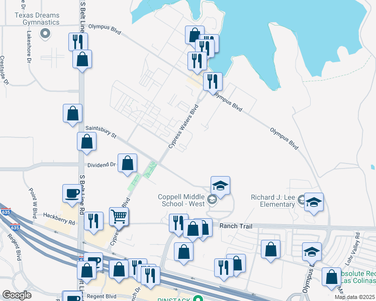 map of restaurants, bars, coffee shops, grocery stores, and more near 3015 Chapel Oaks Drive in Coppell