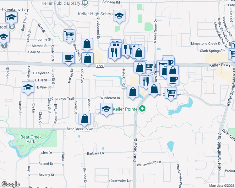 map of restaurants, bars, coffee shops, grocery stores, and more near 808 Brookstone Court in Keller