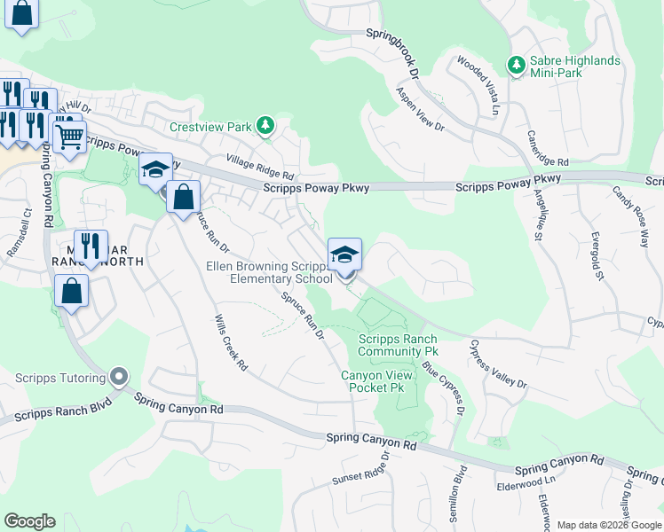 map of restaurants, bars, coffee shops, grocery stores, and more near 11838 Cypress Canyon Road in San Diego