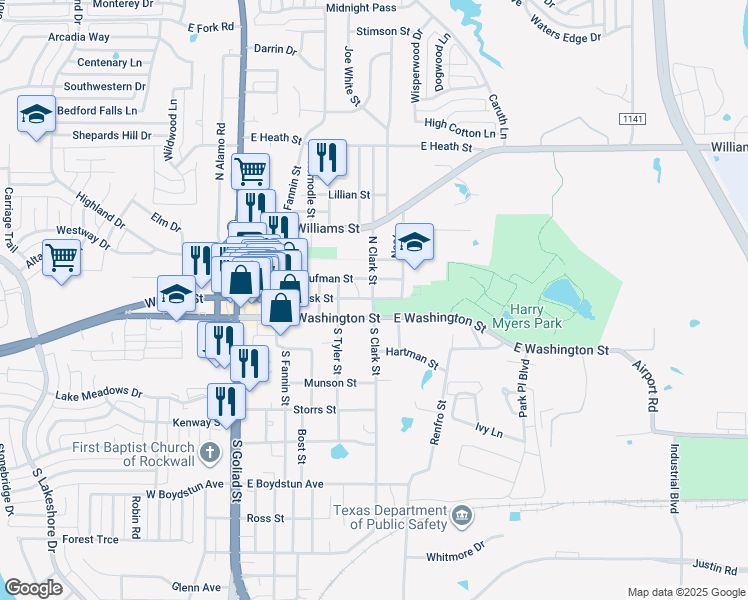 map of restaurants, bars, coffee shops, grocery stores, and more near 101 South Clark Street in Rockwall