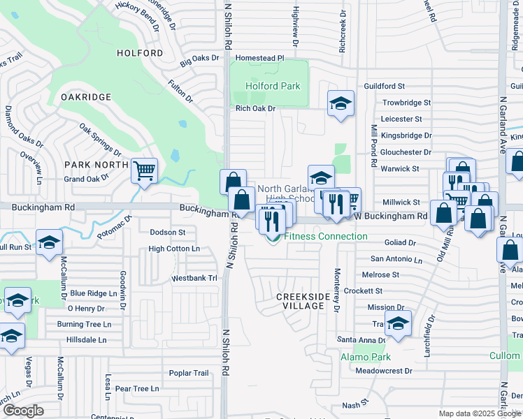 map of restaurants, bars, coffee shops, grocery stores, and more near 2341 West Buckingham Road in Garland