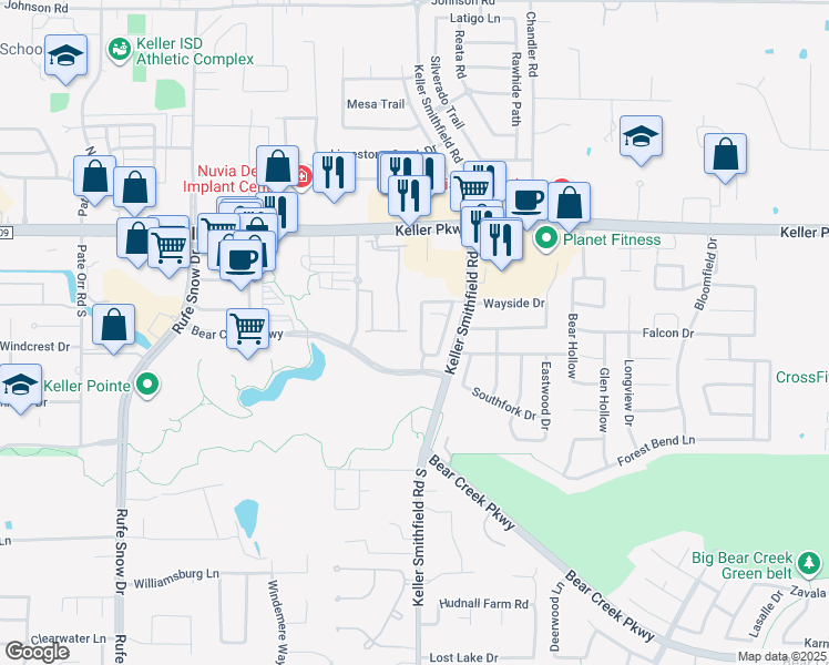 map of restaurants, bars, coffee shops, grocery stores, and more near 218 Versailles Lane in Keller