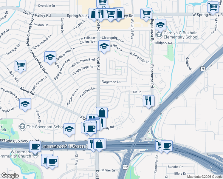 map of restaurants, bars, coffee shops, grocery stores, and more near 13559 Red Fern Lane in Dallas