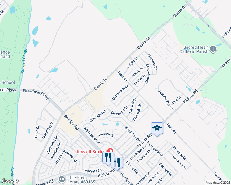 map of restaurants, bars, coffee shops, grocery stores, and more near 3109 Duchess Way in Rowlett