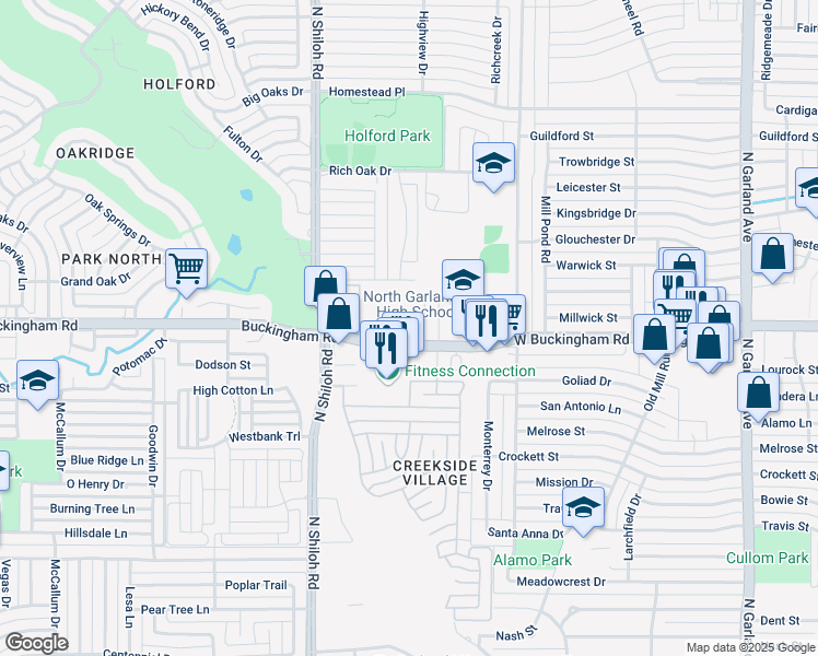 map of restaurants, bars, coffee shops, grocery stores, and more near 2225 West Buckingham Road in Garland