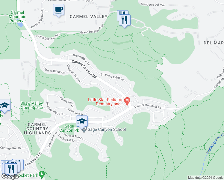 map of restaurants, bars, coffee shops, grocery stores, and more near 5531 Brettonwood Court in San Diego