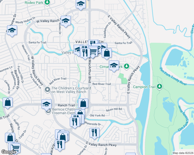 map of restaurants, bars, coffee shops, grocery stores, and more near 317 Pecos Trail in Irving