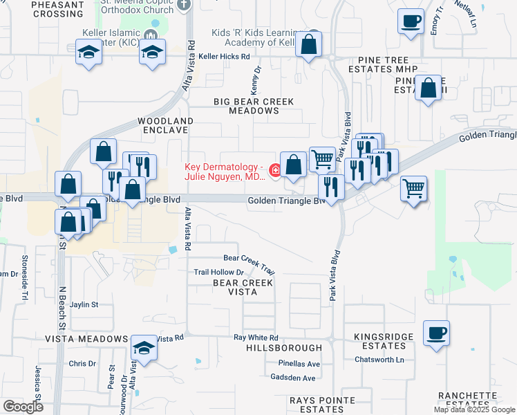 map of restaurants, bars, coffee shops, grocery stores, and more near 4929 Remington Falls Drive in Fort Worth