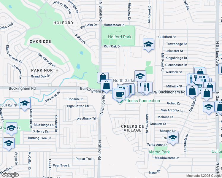 map of restaurants, bars, coffee shops, grocery stores, and more near 2341 West Buckingham Road in Garland