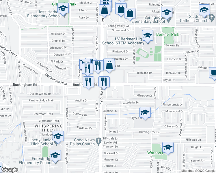 map of restaurants, bars, coffee shops, grocery stores, and more near 4422 Wind River Lane in Garland