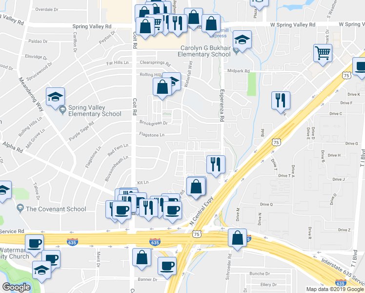 map of restaurants, bars, coffee shops, grocery stores, and more near 13435 Kit Lane in Dallas