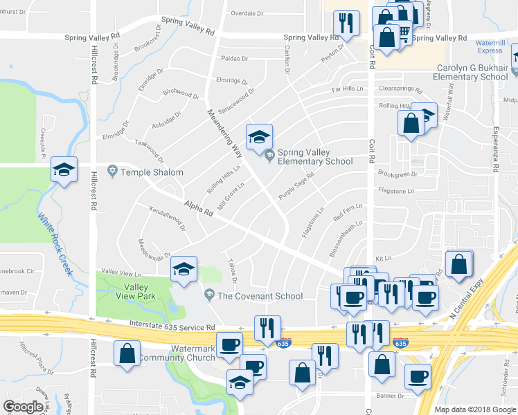 map of restaurants, bars, coffee shops, grocery stores, and more near 13437 Purple Sage Road in Dallas