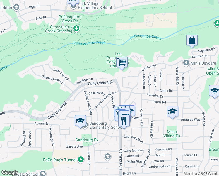 map of restaurants, bars, coffee shops, grocery stores, and more near 8409 Torrell Way in San Diego