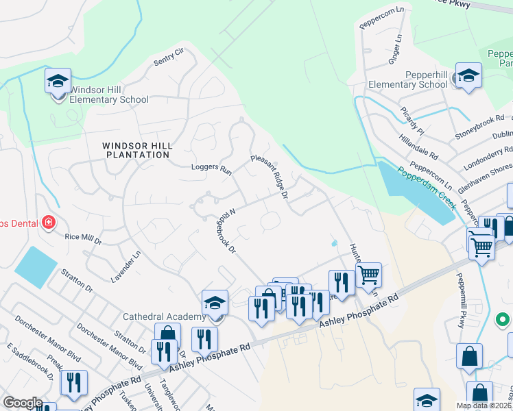 map of restaurants, bars, coffee shops, grocery stores, and more near 8220 North Ridgebrook Drive in Charleston