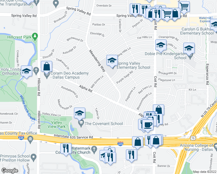 map of restaurants, bars, coffee shops, grocery stores, and more near 13431 Purple Sage Road in Dallas