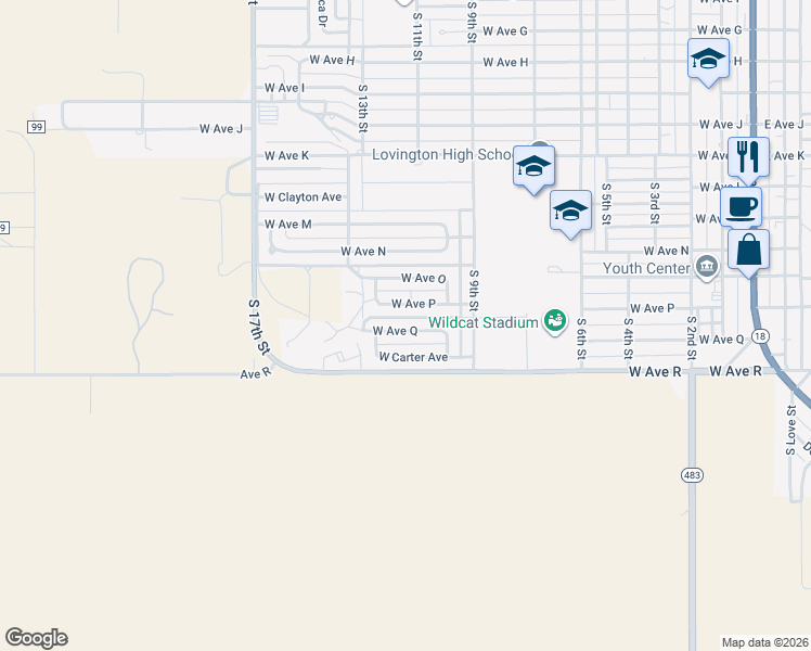 map of restaurants, bars, coffee shops, grocery stores, and more near 1106 West Avenue Q in Lovington