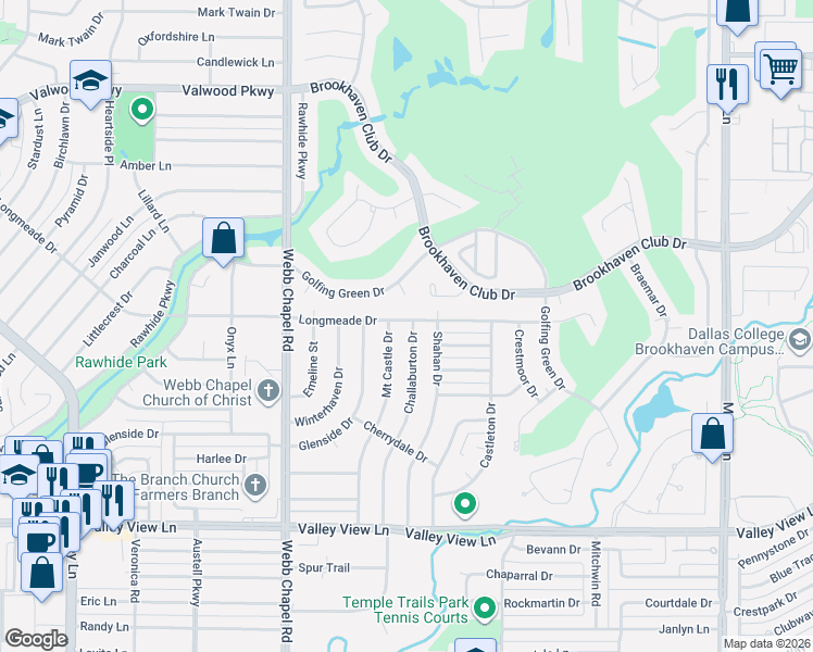 map of restaurants, bars, coffee shops, grocery stores, and more near 13551 Challaburton Drive in Farmers Branch