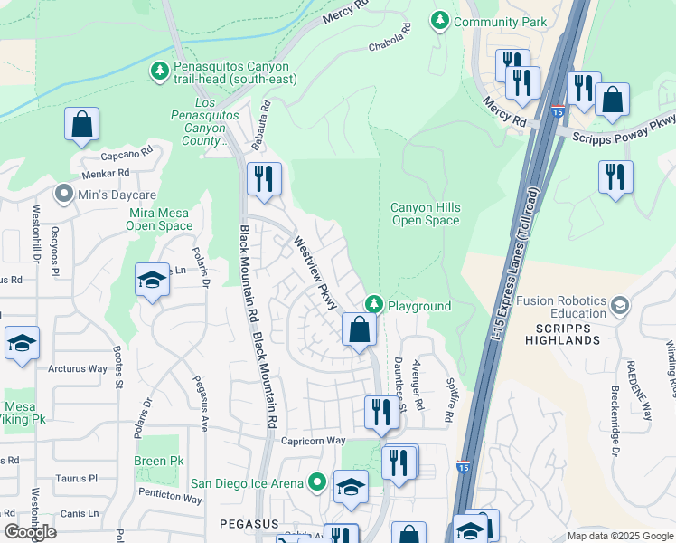 map of restaurants, bars, coffee shops, grocery stores, and more near 9485 Questa Pointe in San Diego