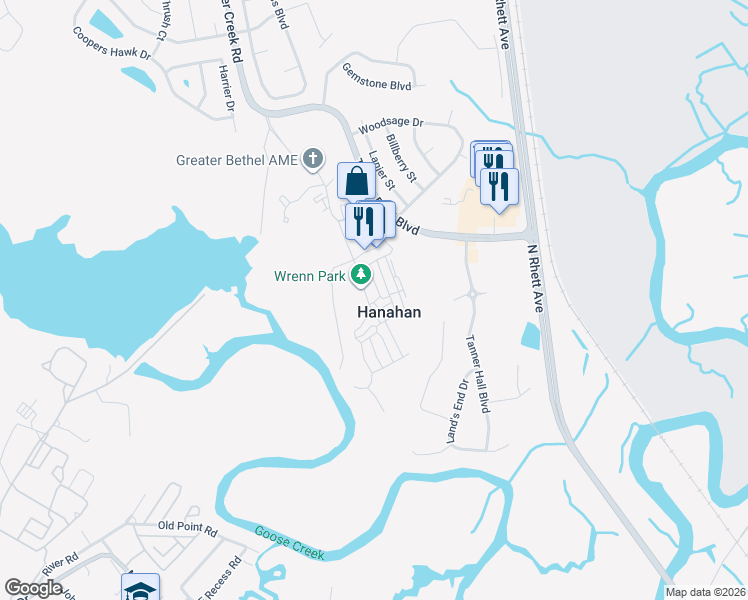 map of restaurants, bars, coffee shops, grocery stores, and more near 1634 Foster Creek Road in Hanahan