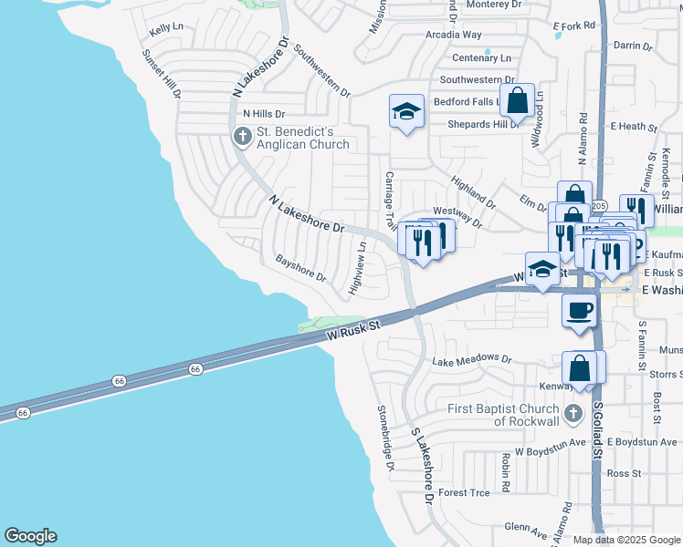 map of restaurants, bars, coffee shops, grocery stores, and more near 104 Teakwood Drive in Rockwall