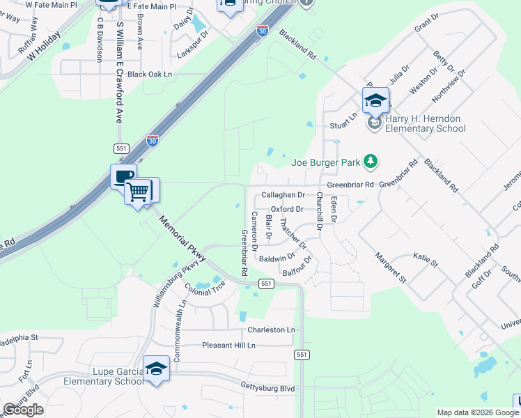 map of restaurants, bars, coffee shops, grocery stores, and more near 212 Oxford Drive in Royse City