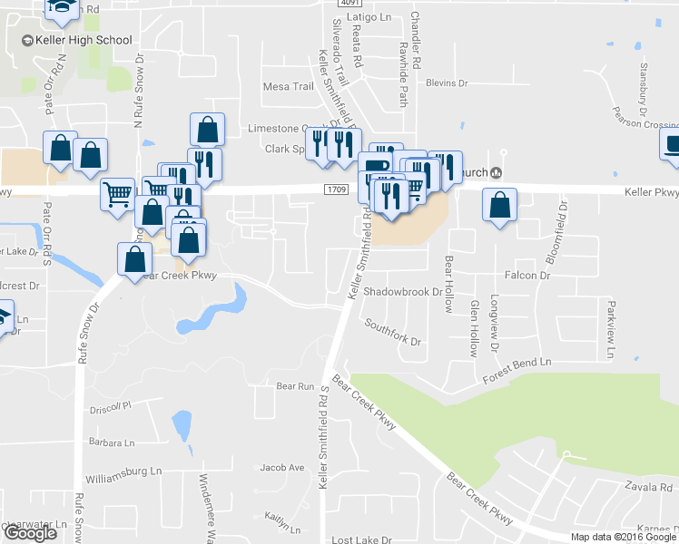 map of restaurants, bars, coffee shops, grocery stores, and more near 216 La Fontaine Ln in Keller