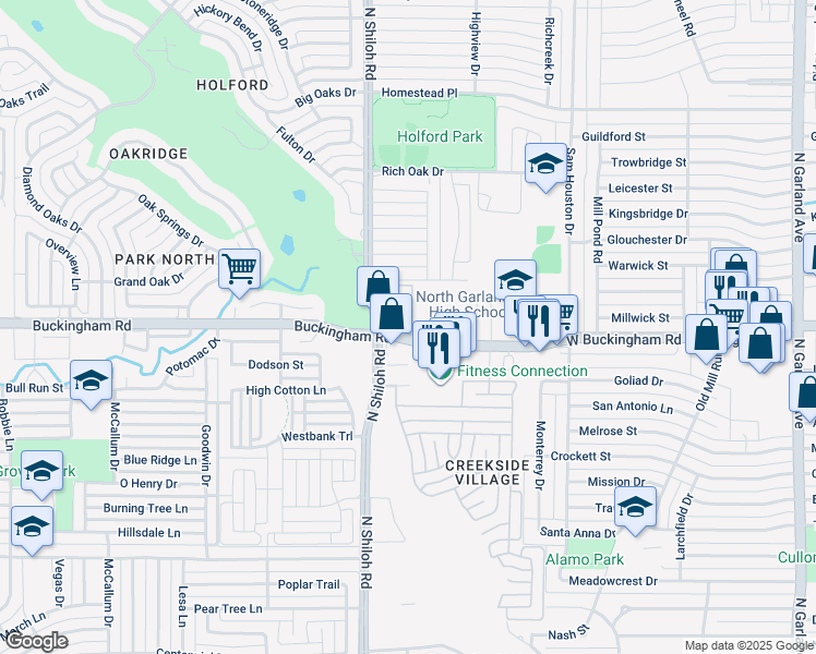 map of restaurants, bars, coffee shops, grocery stores, and more near 2341 West Buckingham Road in Garland