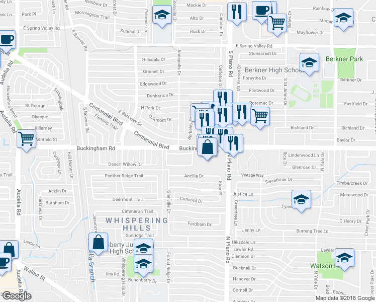 map of restaurants, bars, coffee shops, grocery stores, and more near 4605 Place One Drive in Garland