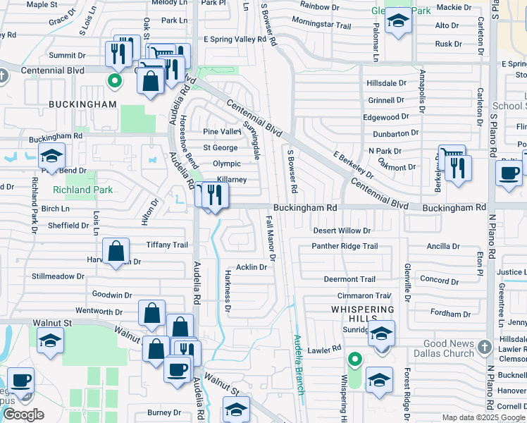 map of restaurants, bars, coffee shops, grocery stores, and more near 13347 Fall Manor Drive in Dallas