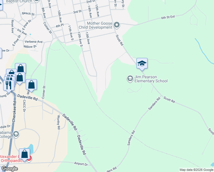 map of restaurants, bars, coffee shops, grocery stores, and more near 1214 10th Street East in Alexander City
