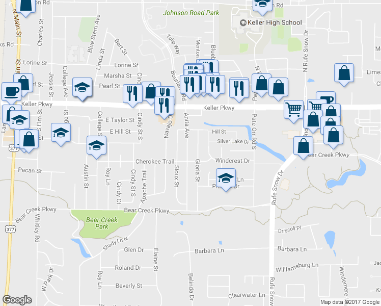 map of restaurants, bars, coffee shops, grocery stores, and more near 209 Anita Avenue in Keller