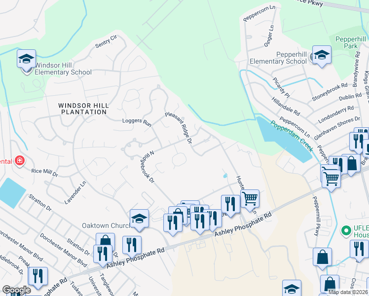 map of restaurants, bars, coffee shops, grocery stores, and more near 8264 Timberidge Court in Charleston