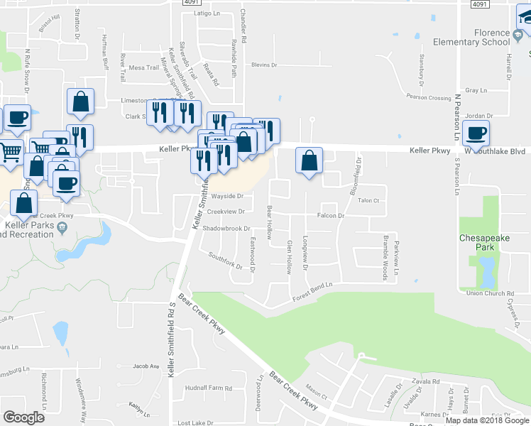 map of restaurants, bars, coffee shops, grocery stores, and more near 222 Bear Hollow in Keller