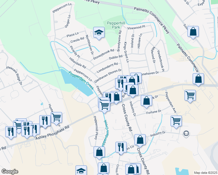 map of restaurants, bars, coffee shops, grocery stores, and more near 3342 Mountainbrook Avenue in North Charleston