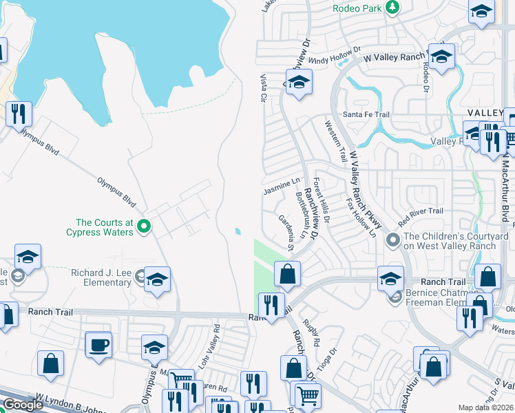 map of restaurants, bars, coffee shops, grocery stores, and more near 9123 Jasmine Lane in Irving