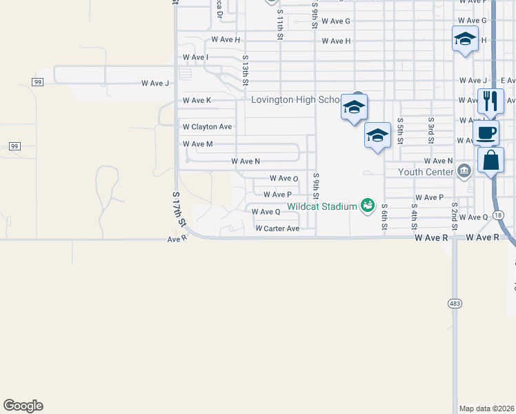 map of restaurants, bars, coffee shops, grocery stores, and more near 1106 West Ave Q in Lovington