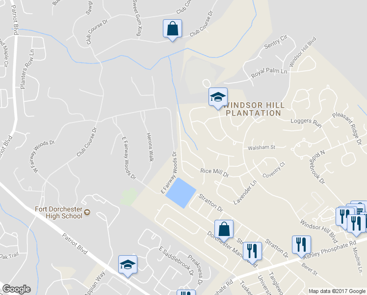 map of restaurants, bars, coffee shops, grocery stores, and more near 6664 Bent Creek Drive in Charleston