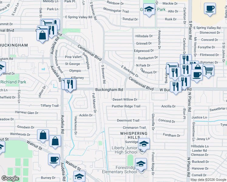 map of restaurants, bars, coffee shops, grocery stores, and more near 13434 Hedgeapple Dr in Dallas