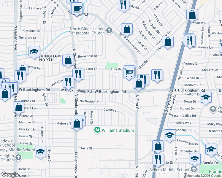 map of restaurants, bars, coffee shops, grocery stores, and more near 2002 Edna Smith Drive in Garland