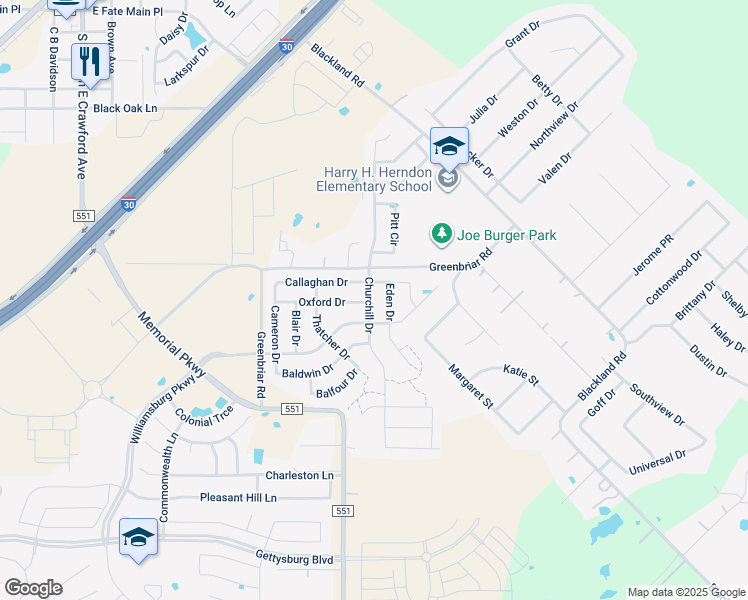 map of restaurants, bars, coffee shops, grocery stores, and more near 173 Churchill Drive in Fate