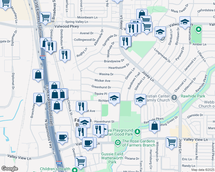 map of restaurants, bars, coffee shops, grocery stores, and more near 2627 Greenhurst Drive in Farmers Branch
